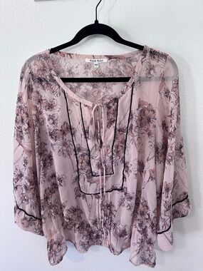 Black Rainn Blush Pink Floral Tie-Neck Peasant Top